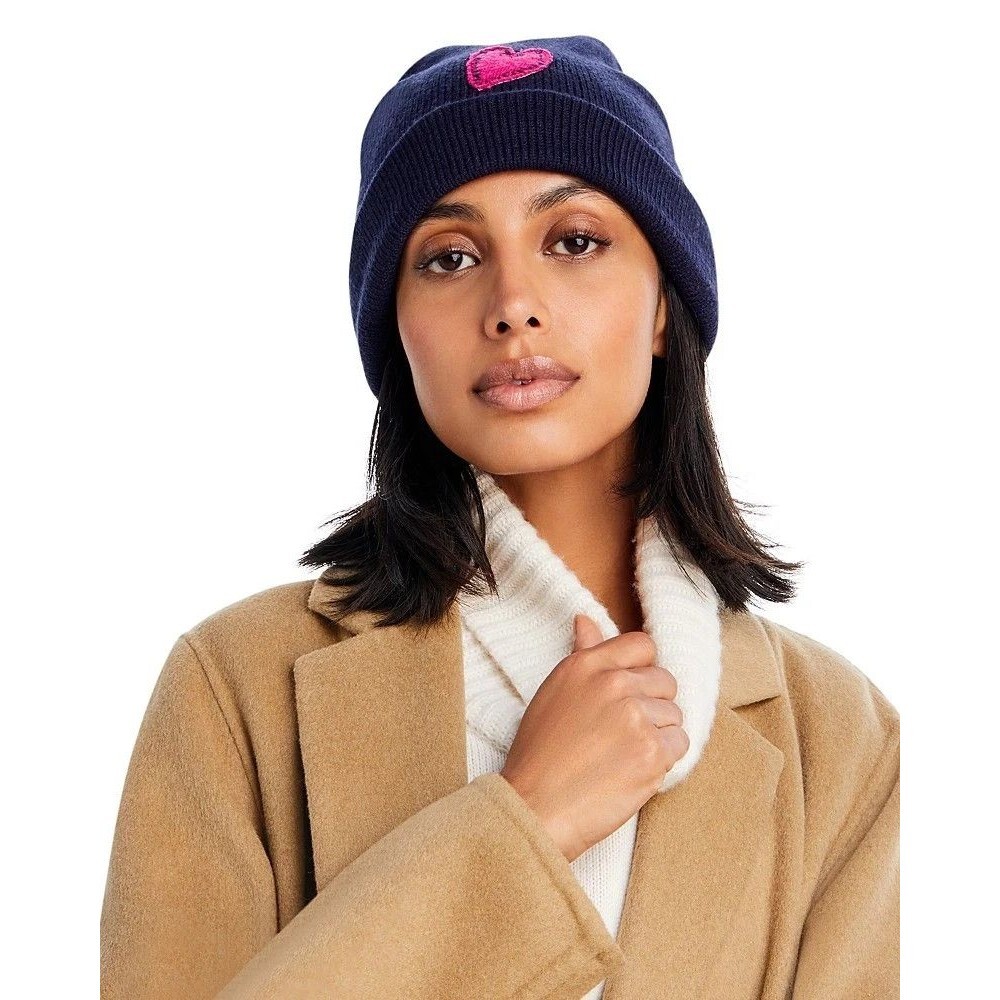 Aqua x Kerri Rosenthal Women's Applique Heart Beanie Solid Navy Blue One Size
